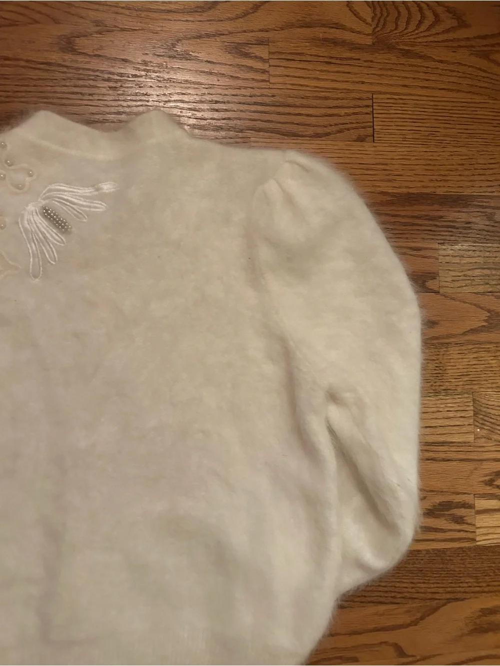 Women’s Soft Cream Beaded Angora Blend Retro Inspired Grandmacore Cardigan